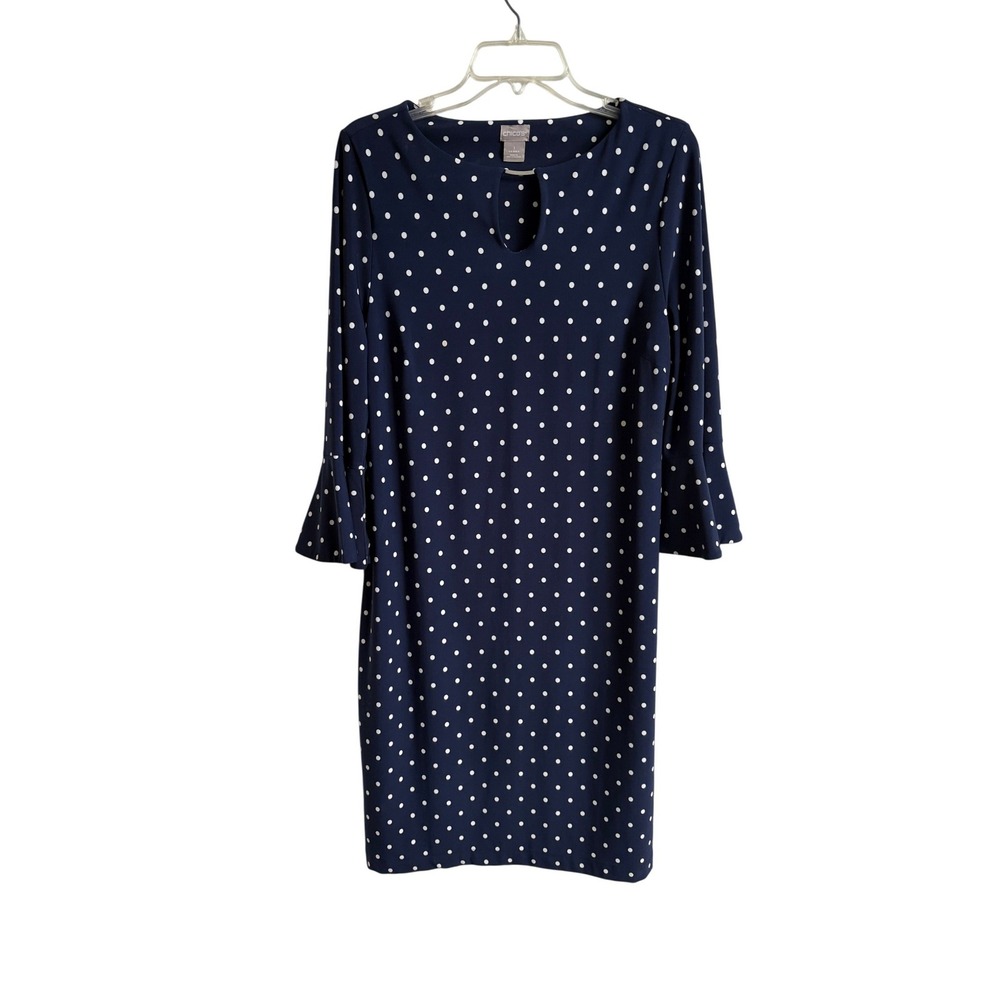 Chicos‎ Navy Blue Polka Dot Bell Sleeve Shift Dress Size 1 Medium